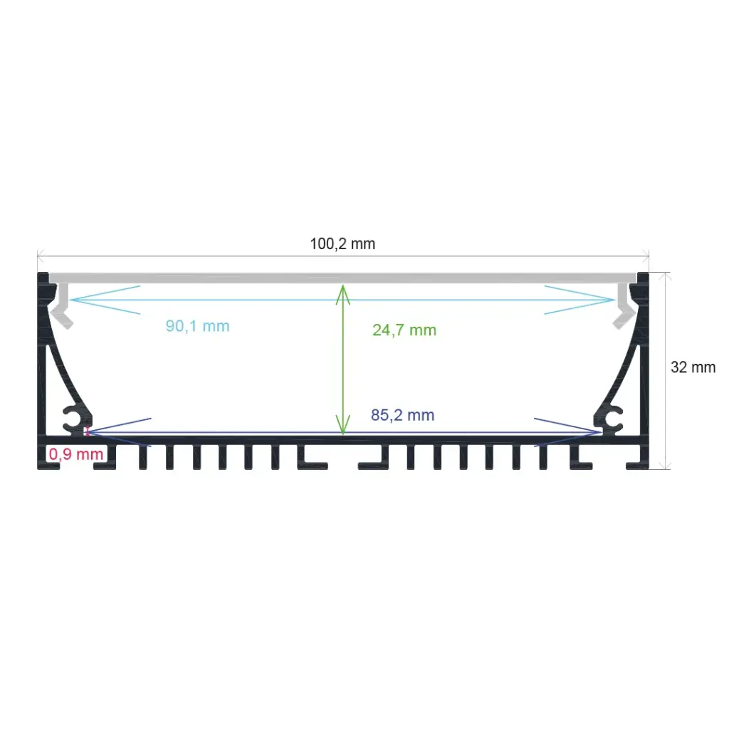 Perfil LED de superficie con opción colgante de 100,2 x 32 mm