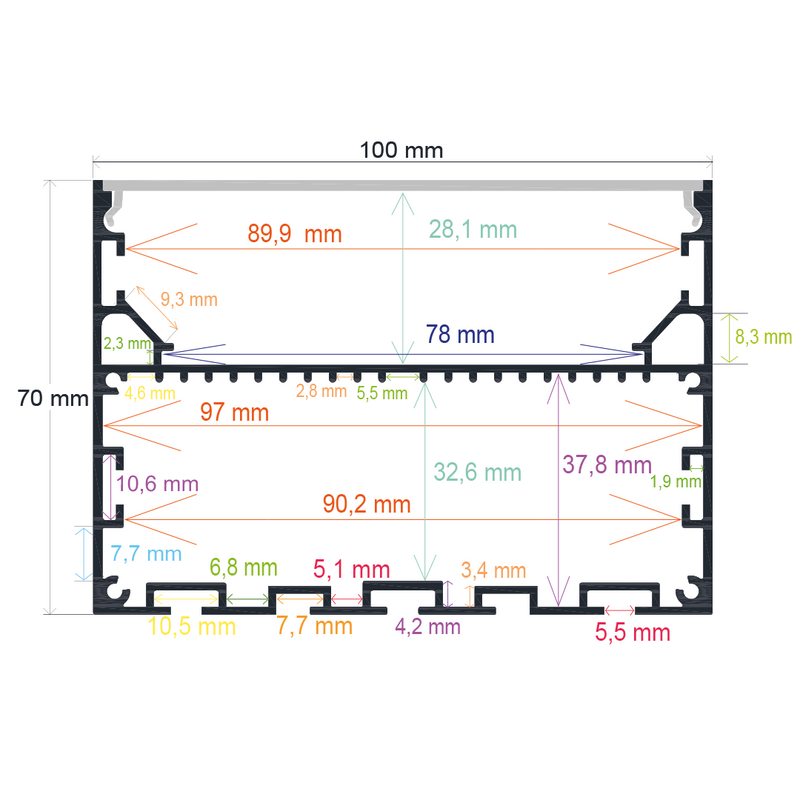 Perfil LED para instalar de forma suspendida de 100 mm x 70 mm