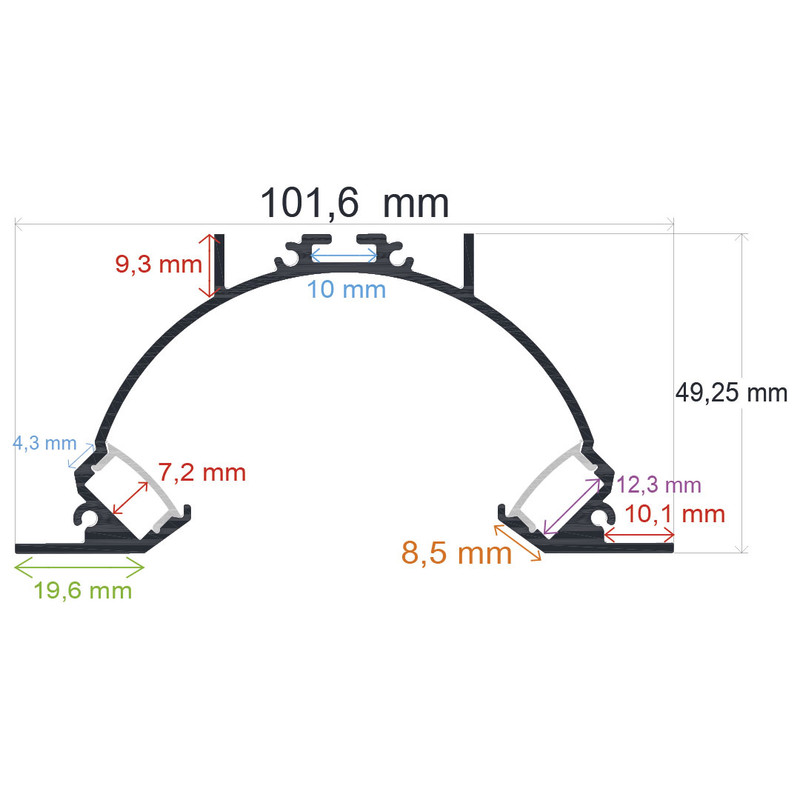 Perfil LED cóncavo con luz bilateral indirecta para empotrar de 101,6 mm x 49,25 mm