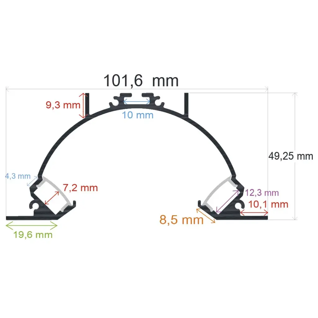 Perfil LED cóncavo con luz bilateral indirecta para empotrar de 101,6 mm x 49,25 mm