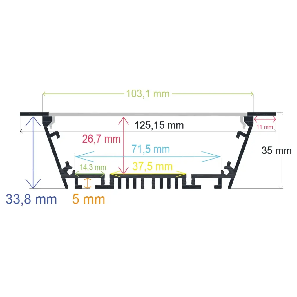 Eingebautes LED-Profil, 125,15 mm x 35 mm