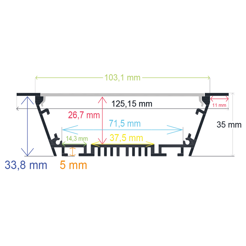Perfil LED para empotrar de 125,15 mm x 35 mm