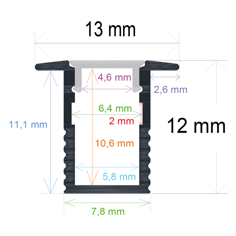 Perfil LED empotrable de 13 mm x 12 mm