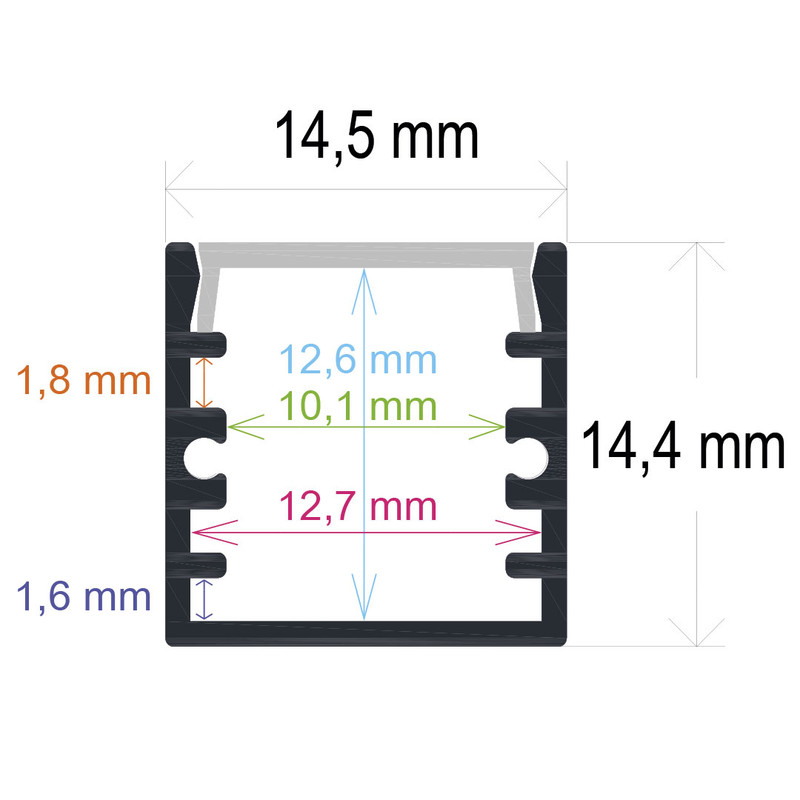 Perfil LED de superficie de 14,5 mm x 14,4 mm