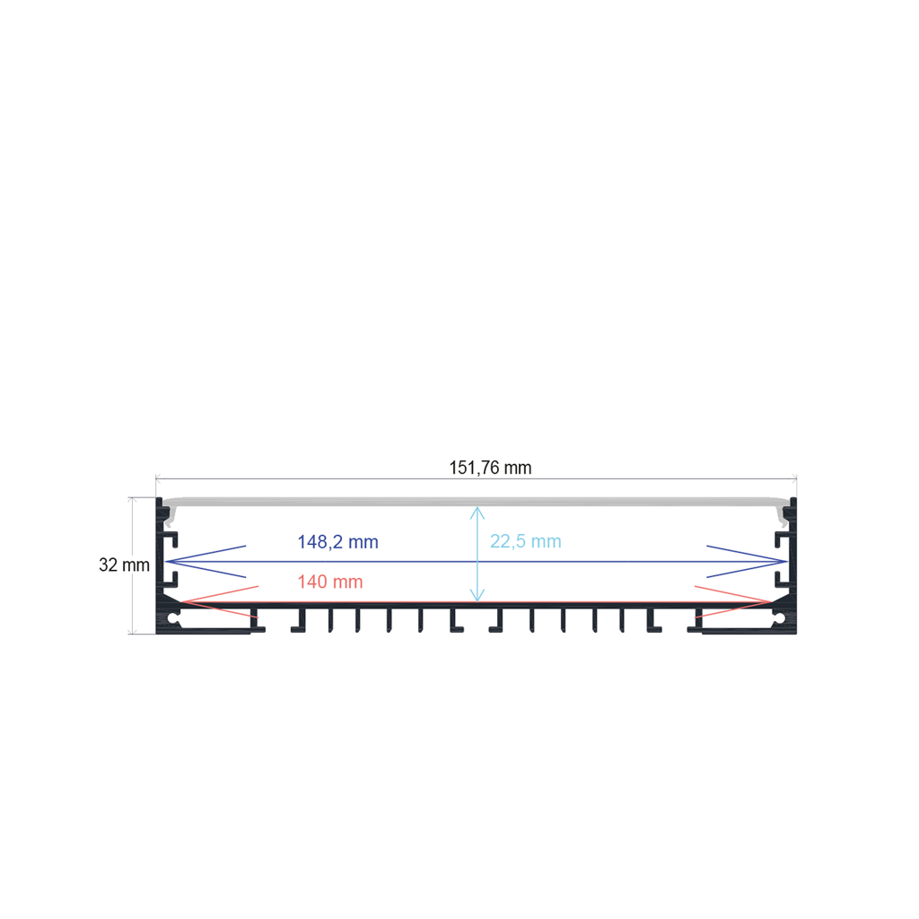 Perfil LED de superficie con opción colgante de 151,76 mm x 32 mm
