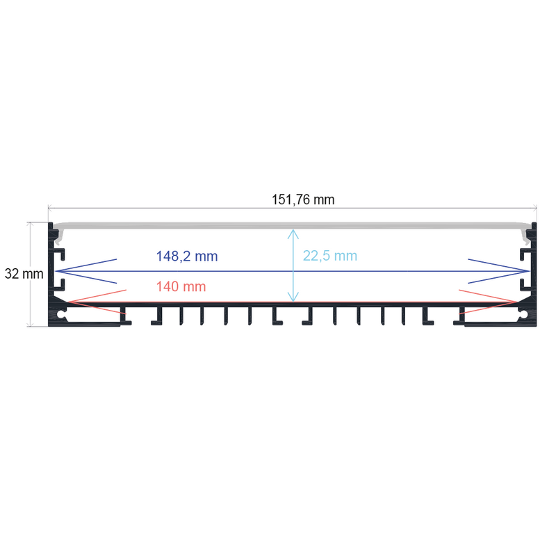 Profilé LED en saillie avec option suspendue, 151,76 mm x 32 mm
