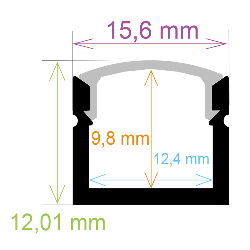 Perfil LED de superficie de 15,6 x 12,01 mm.