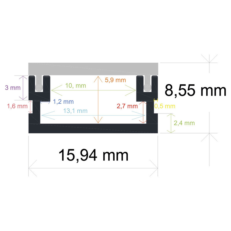 Perfil LED empotrable en el suelo de interiores de 15,94 mm x 8,55 mm