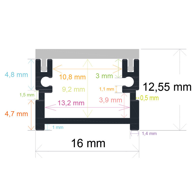 Perfil LED empotrable en el suelo de interiores de 16 mm x 12,55 mm