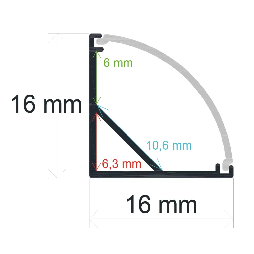Profilé LED d'angle avec diffuseur incurvé 16 mm x 16 mm
