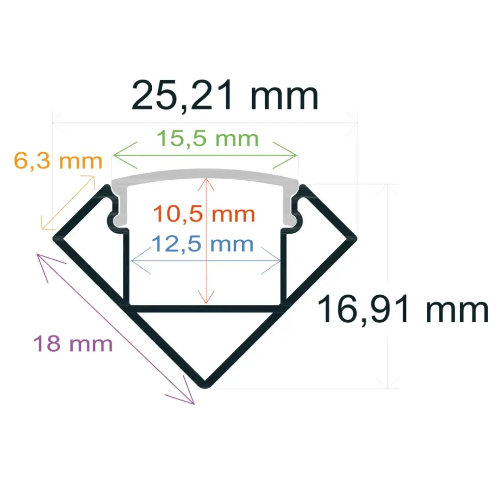 Reinforced corner LED profile with 25.21 mm x 16.91 mm trims