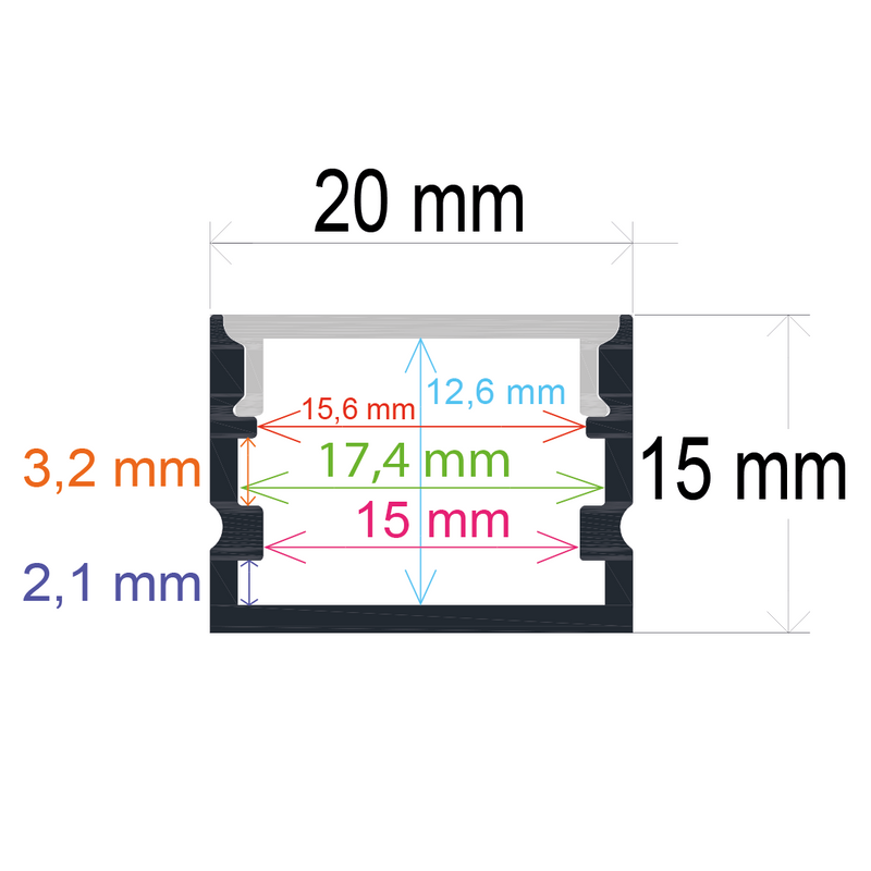 Perfil LED de superficie de 20 mm x 15 mm
