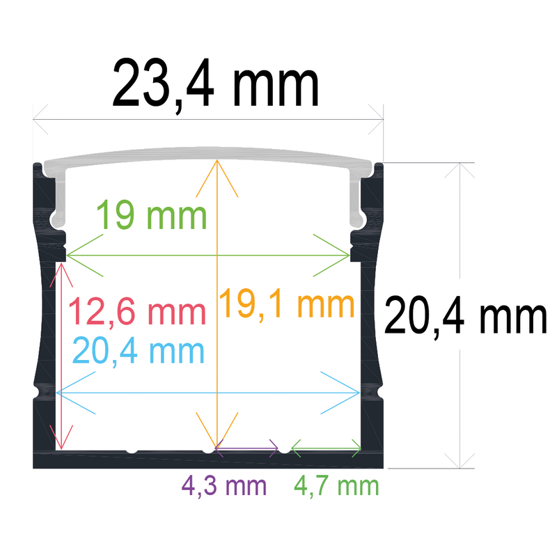 Perfil LED de superficie de 23,4 mm x 20,4 mm