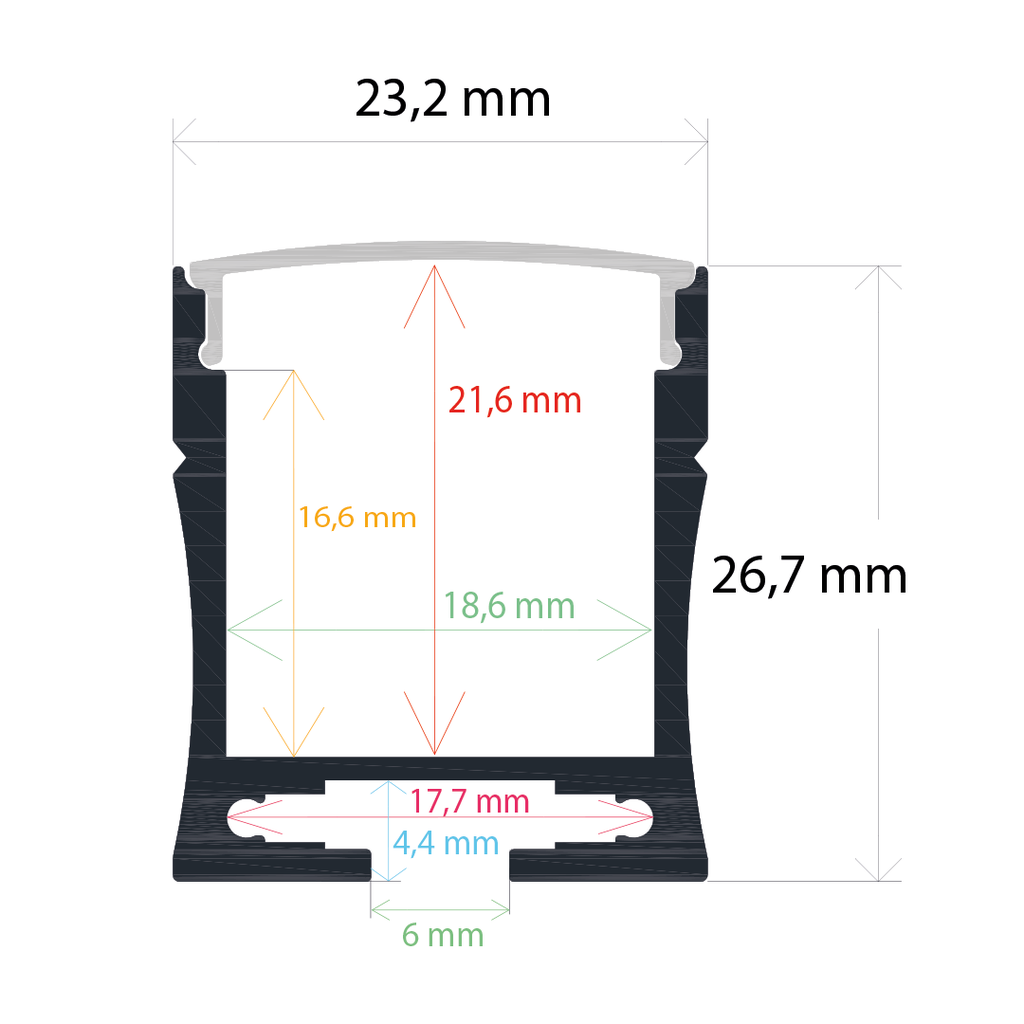Oberflächenmontiertes LED-Profil mit Hängevorrichtung, 23,2 mm x 26,7 mm