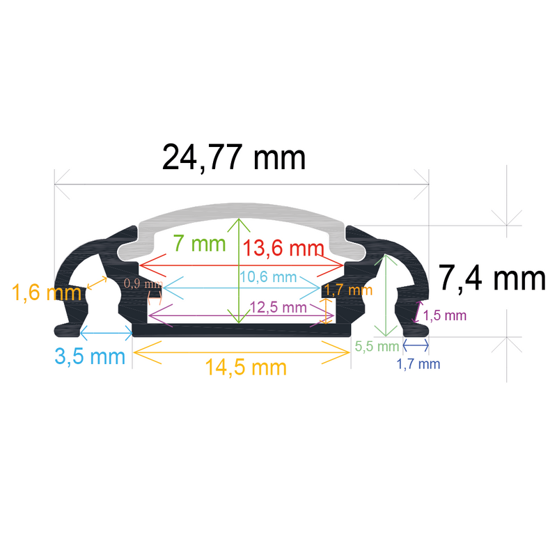 Perfil LED de superficie de 24,77 mm x 7,4 mm