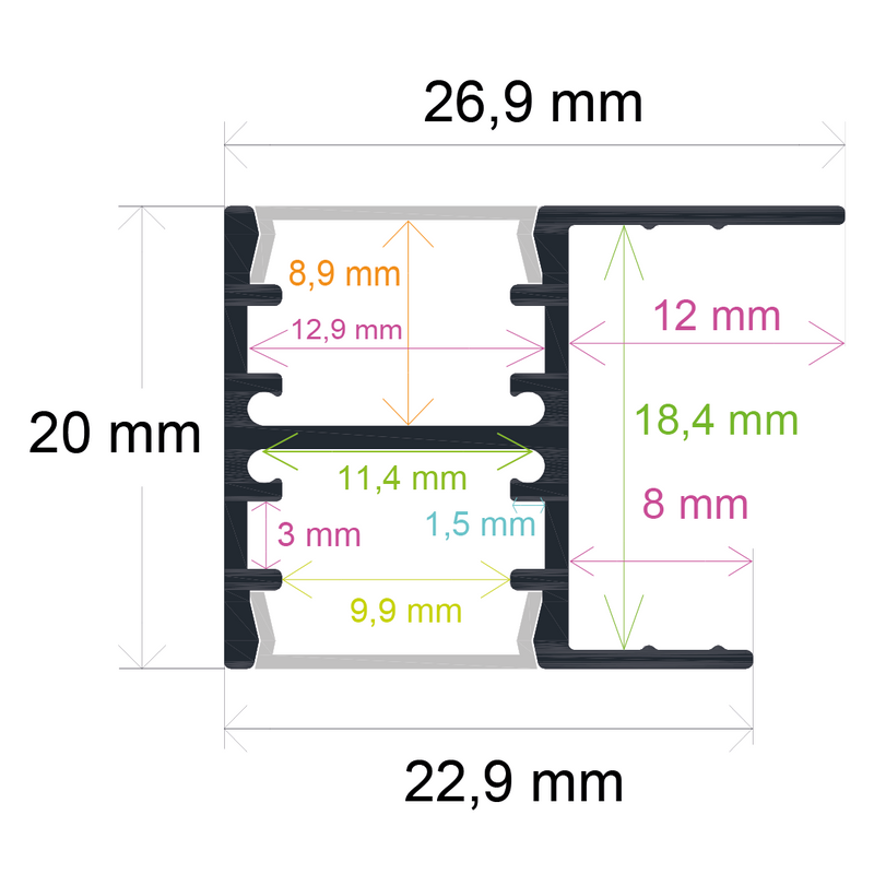 Perfil LED para muebles con iluminación bidireccional de 26,9 mm x 20 mm