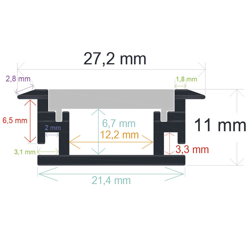 Perfil LED empotrable en el suelo de exteriores de 27,2 mm x 11 mm 