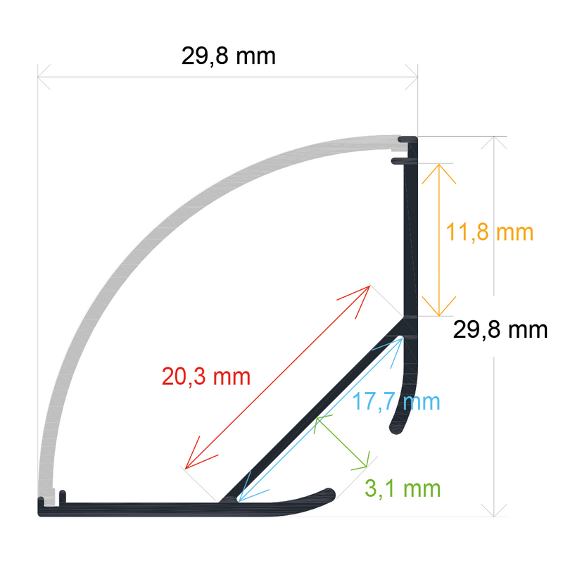 Perfil LED colgante con difusor curvo de 29,8 mm x 29,8 mm