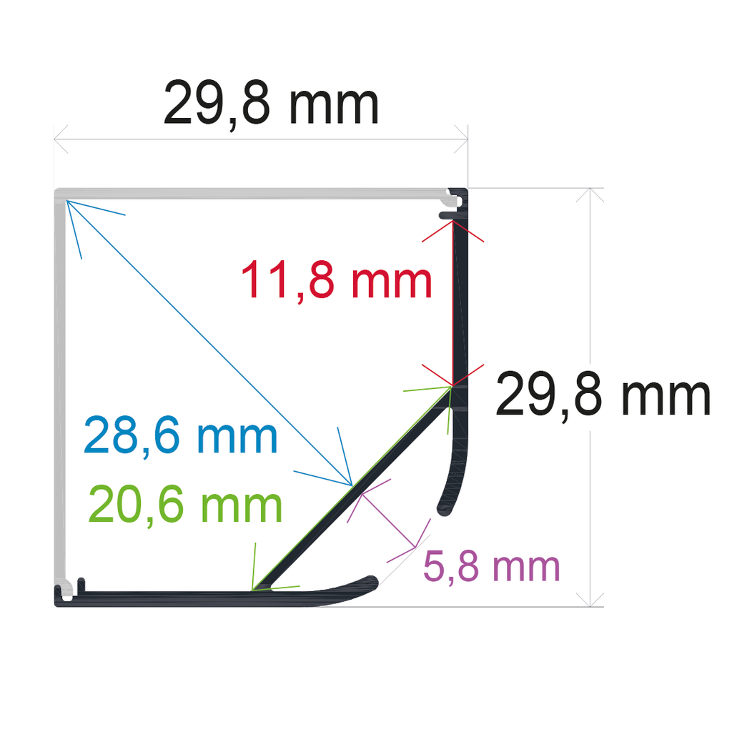 Profilo LED a sospensione con diffusore ad angolo retto, 29,8 mm x 29,8 mm