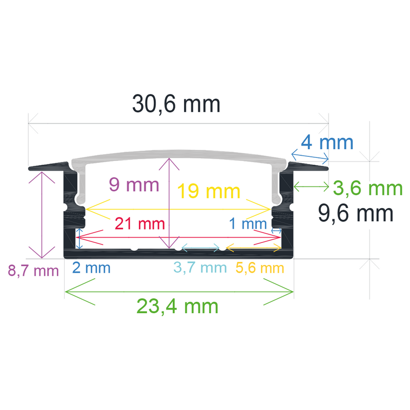 Perfil LED empotrable de 30,6 mm x 9,6 mm