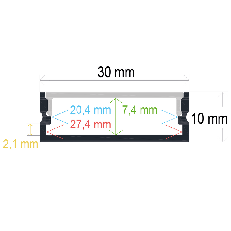 Perfil LED de superficie de 30 mm x 10 mm