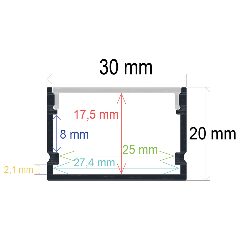 Perfil LED de superficie de 30 mm x 20 mm