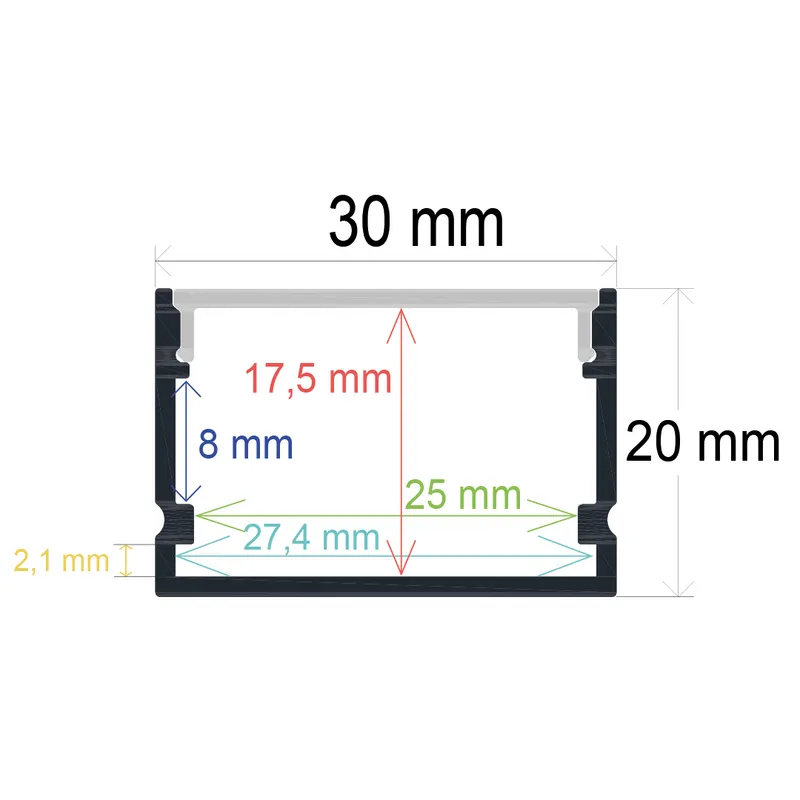 Surface-mounted LED profile (30 mm x 20 mm)