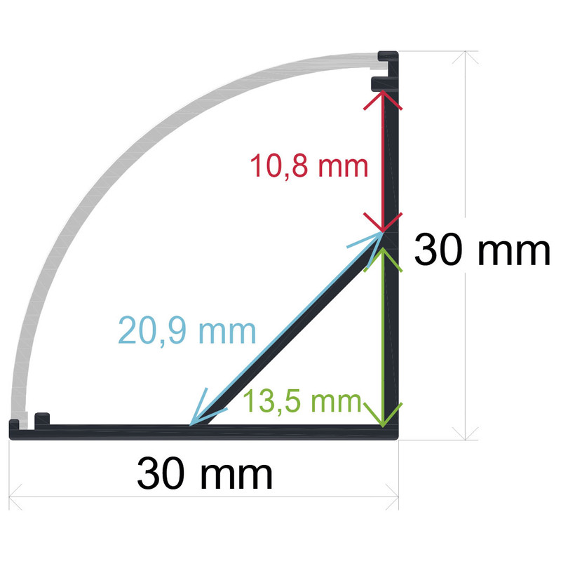 LED-Eckprofil mit gebogenem Diffusor 30 mm x 30 mm