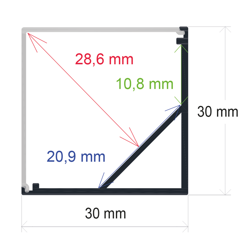 Perfil LED de esquina con el difusor en ángulo recto de 30 mm x 30 mm