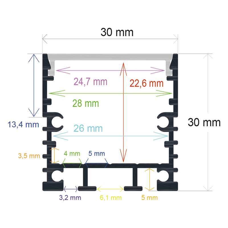 Perfil LED de superficie con opción colgante de 30 mm x 30 mm