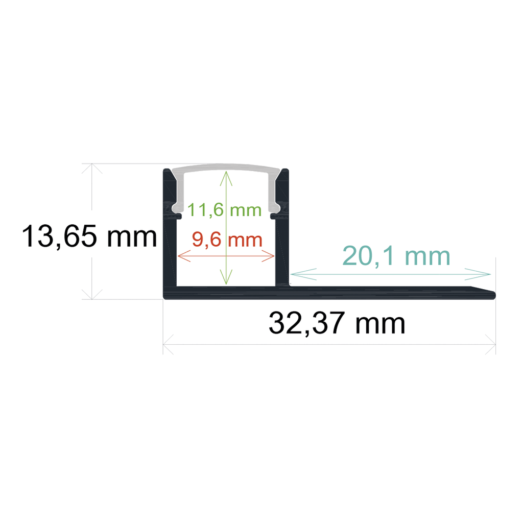 Perfil LED para empotrar en una obra de 32,37 mm x 13,65 mm