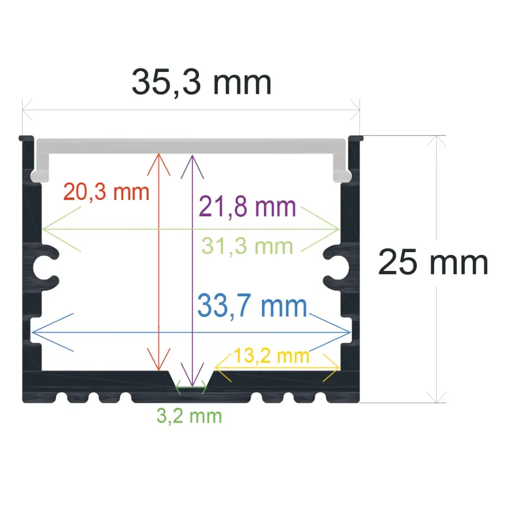 Perfil LED de superficie de 35,3 x 25 mm