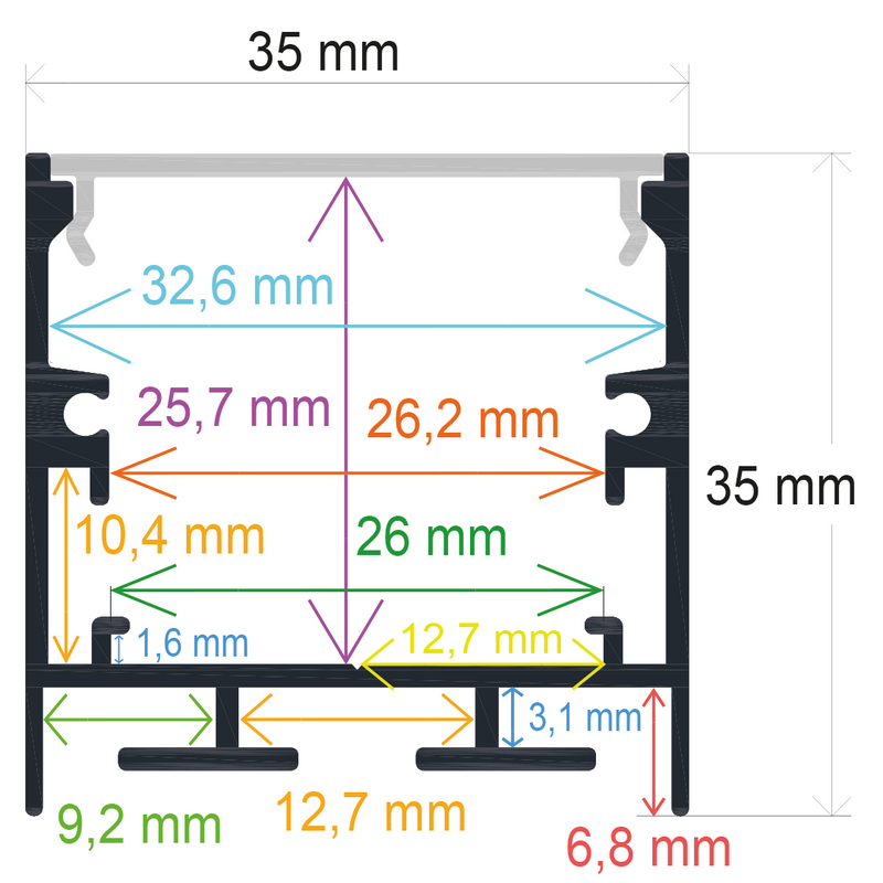 Perfil LED de superficie con opción colgante de 35 mm x 35 mm