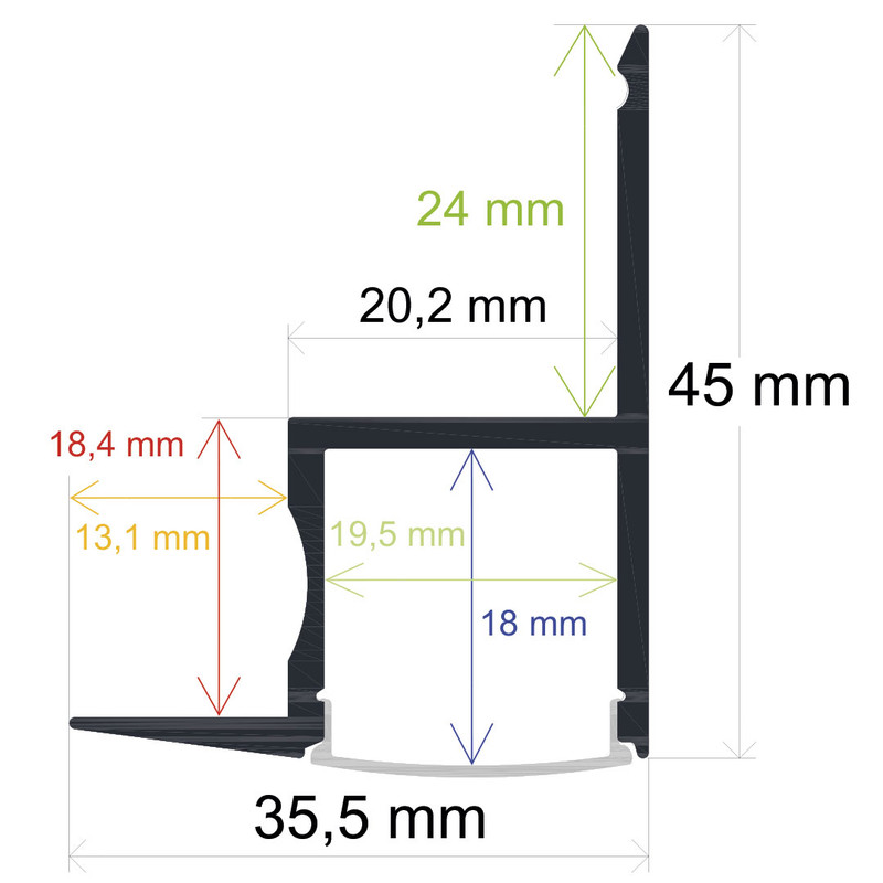 Perfil LED para empotrar en una obra de 35,5 mm x 45 mm
