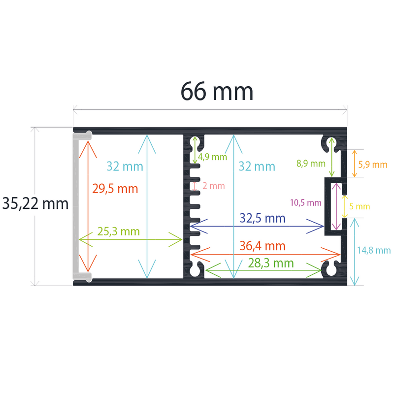 Perfil LED colgable de 35,22 mm x 66 mm