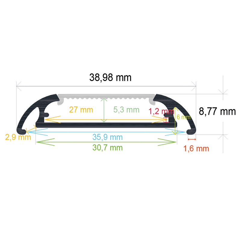 Perfil LED de superficie de 38,98 mm x 8,77 mm