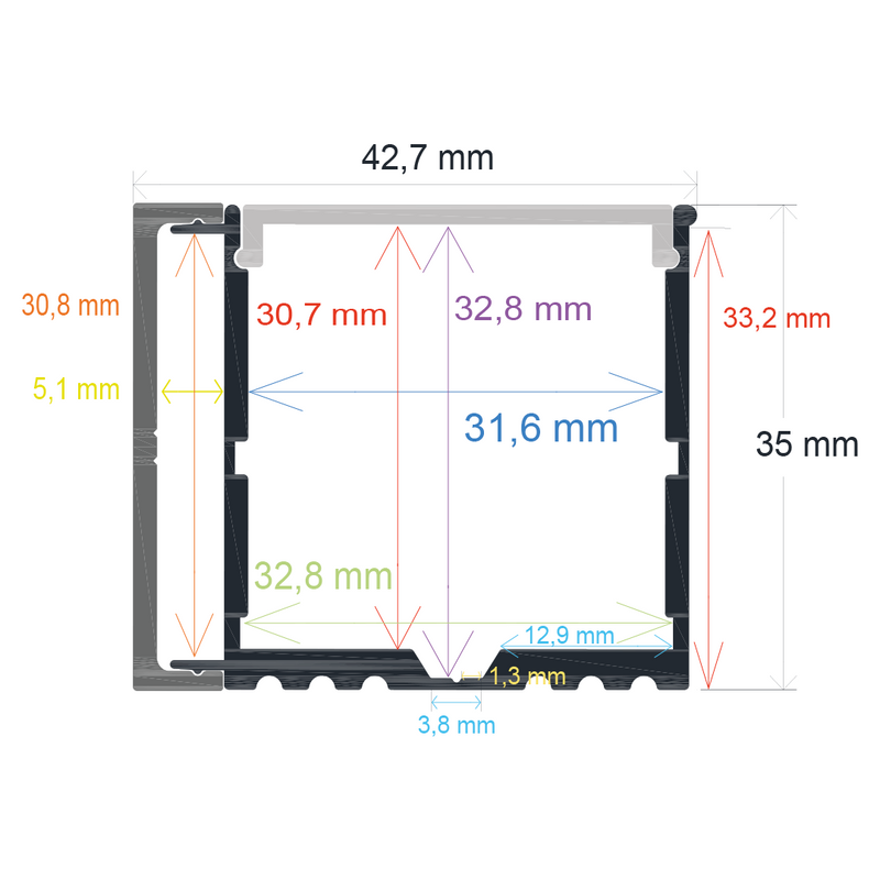 Perfil LED de superficie con iluminación lateral y opción colgante de 42,7 mm x 35 mm