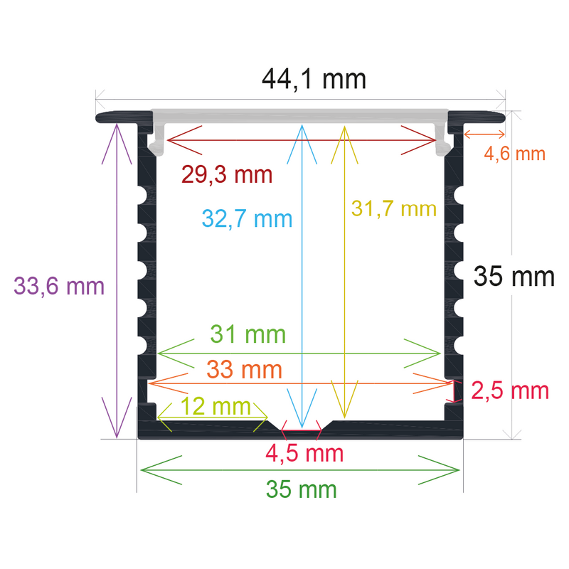 Perfil LED empotrable en techos o paredes de 44,1 mm x 35 mm