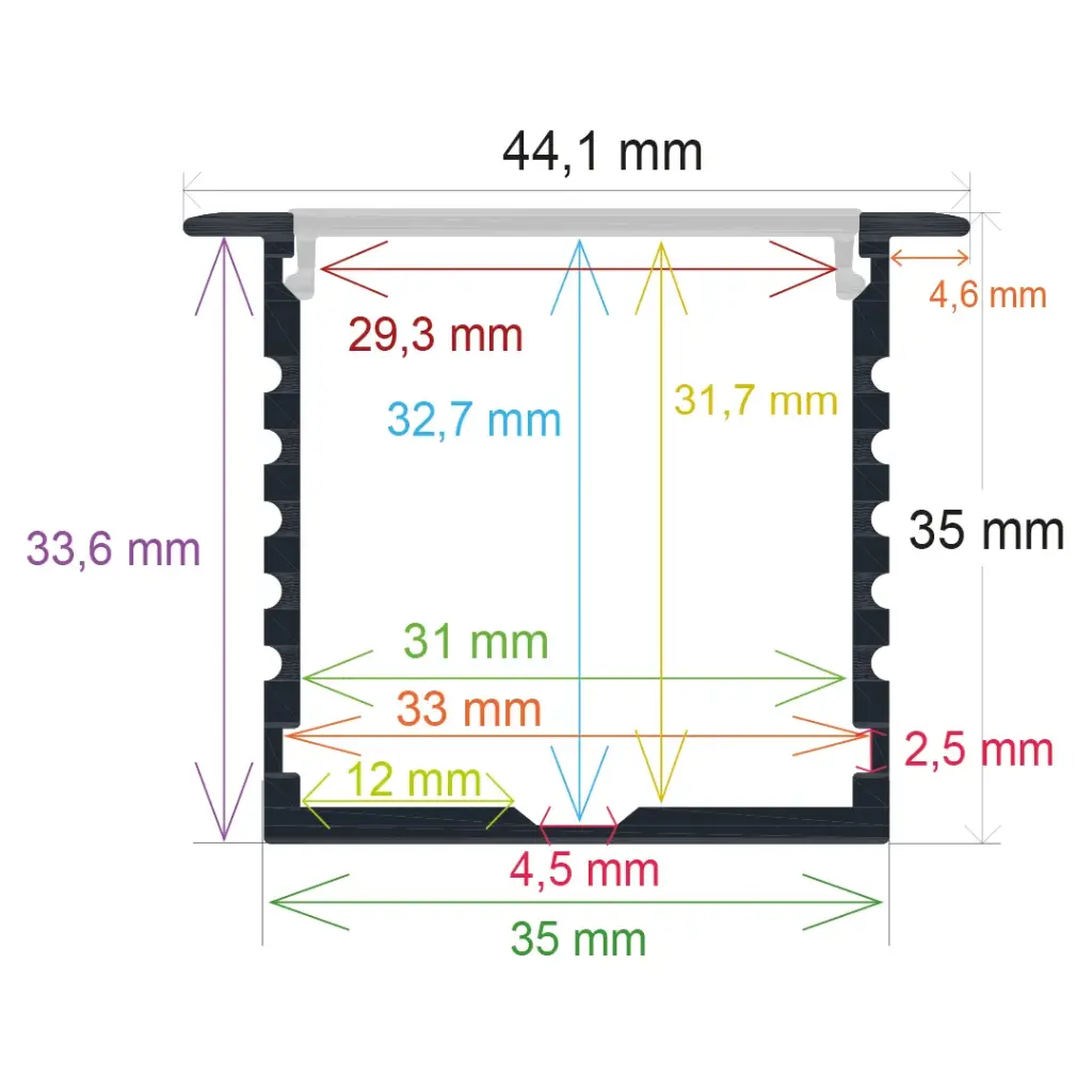 Perfil LED empotrable en techos o paredes de 44,1 x 35 mm