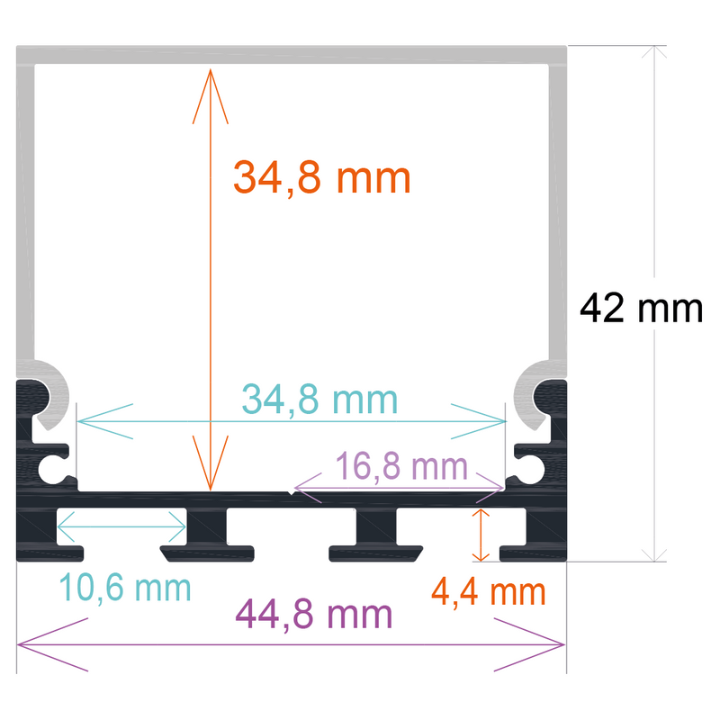 Perfil LED de superficie con opción colgante de 44,8 mm x 42 mm