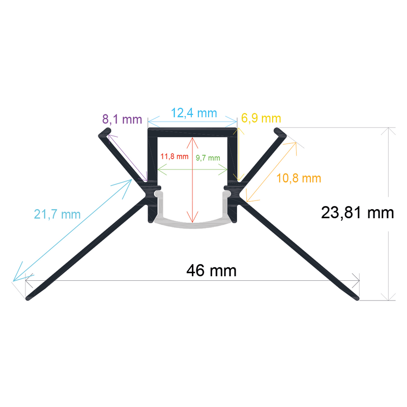 Perfil LED para empotrar en una esquina de 46 mm x 23,81 mm