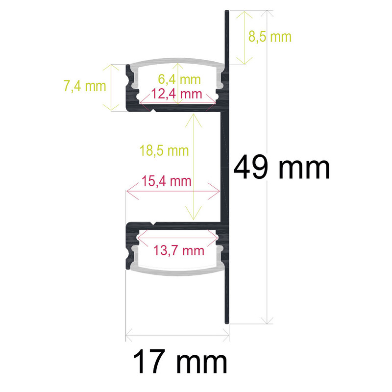 Perfil LED de pared con iluminación bidireccional de 49 mm x 17 mm