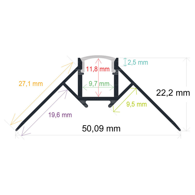 Perfil LED para empotrar en una esquina de 50,09 mm x 22,2 mm
