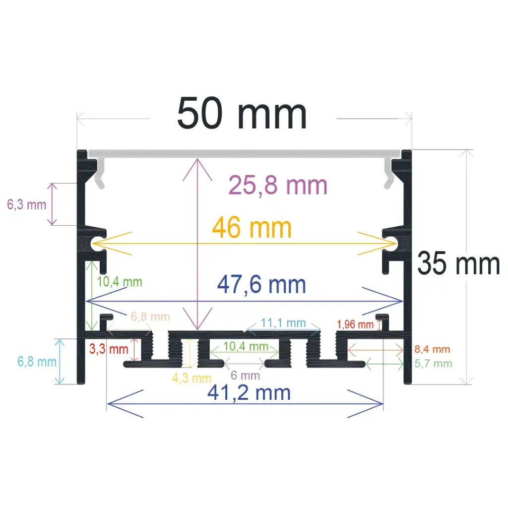 Perfil LED de superficie con opción colgante de 50 mm x 35 mm
