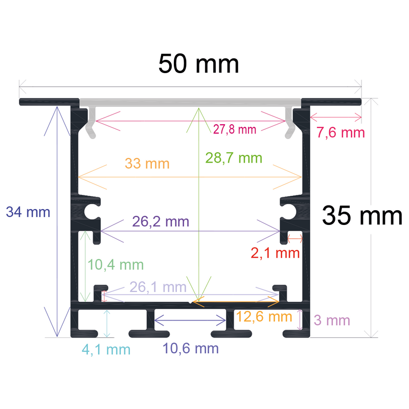 Perfil LED para empotrar en techos o paredes de 50 mm x 35 mm