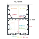 Profilé LED suspendu ou en saillie, 49,78 mm x 70 mm