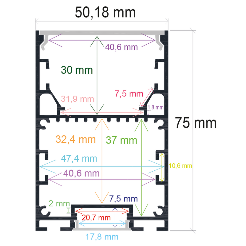 Profilé LED suspendu avec éclairage bidirectionnel, 50,18 mm x 75 mm