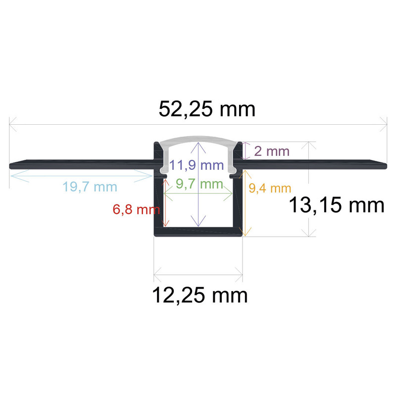 Perfil LED para empotrar en una obra de 52,25 mm x 13,15 mm
