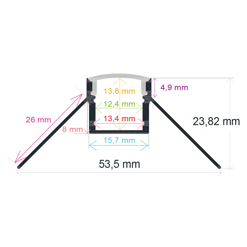 Perfil LED para empotrar en una esquina de 53,5 mm x 23,82 mm