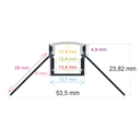 Perfil LED para empotrar en una esquina de 53,5 mm x 23,82 mm